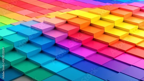A geometric illustration displaying a vibrant spectrum of colors with a 3D effect of steps
