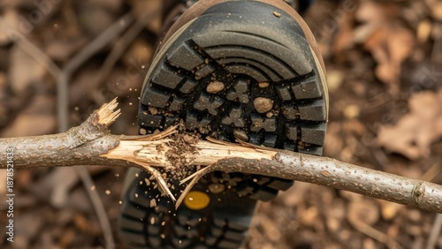Close-up of a hiking boot stepping on a snapped tree branch on forest floor with autumn leaves