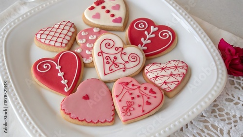 Overhead Valentine Sugar Cookies on White Plate with Pink and Red Royal Icing