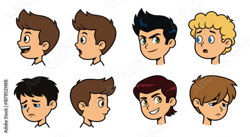 Cartoon Boy Character Head Expressions and Emotions Set