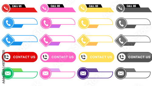 Assortment of brightly colored call us and contact us banner button graphic elements featuring phone icons and email symbols on transparent background