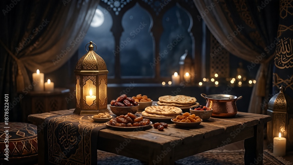 Naklejka premium Suhoor Ramadan Table Islamic Night Concept