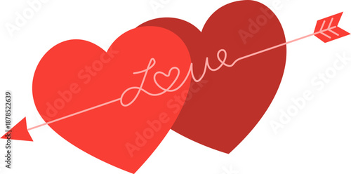 Two red hearts pierced by a cupid's arrow with love calligraphy script