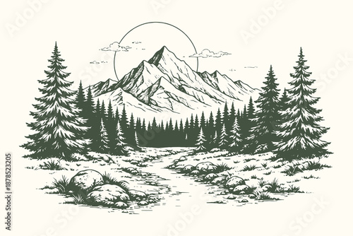 Scenic black-and-white vector landscape of a mountain framed by pine forests, drawn in vintage engraving style, ideal for nature, outdoor, and adventure themes.