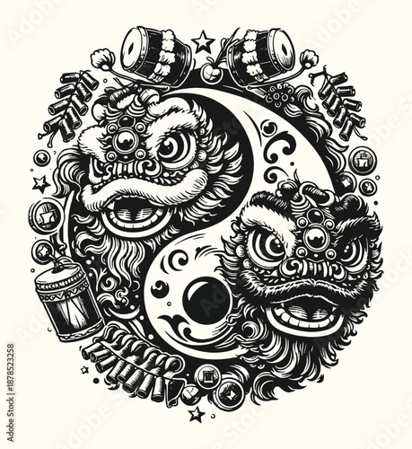 Intricate black-and-white vector illustration featuring a yin-yang symbol surrounded by ornate lion dance decorative elements in a detailed cultural engraving style.
