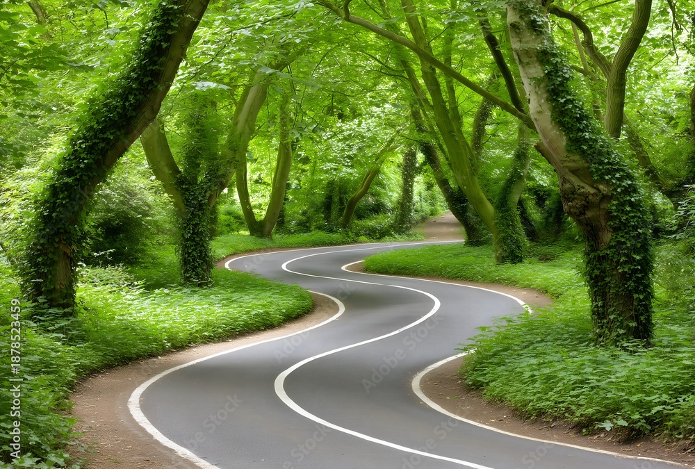 Obraz premium Winding asphalt road through green forest tunnel