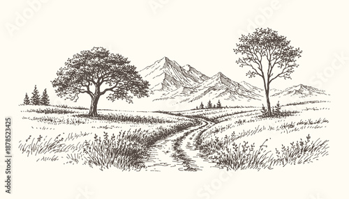 Quiet country road winding through open fields and trees, serene hand drawn vintage rural countryside vector illustration