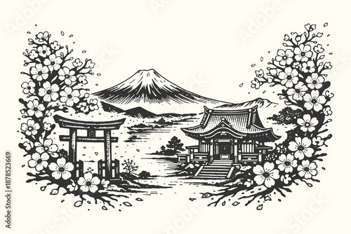 Traditional Japanese shrine landscape with blossoms and mountains, calm hand drawn vintage oriental nature vector illustration