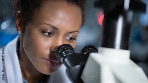 Female scientist using microscope in laboratory close up portrait