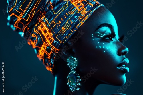 Woman with futuristic digital circuit headscarf and glowing facial features. Artificial intelligence and cybernetic beauty concept.