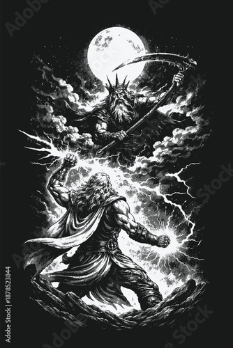 Epic battle of Zeus versus Kronos under full moon with lightning, dramatic Greek mythology hand drawn dark fantasy vector illustration
