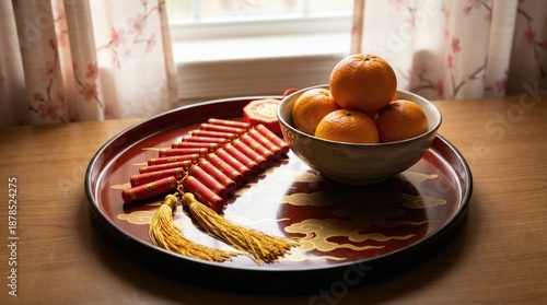 Decorative plate with oranges and red envelopes for Chinese New Year  