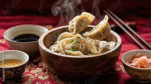 Steaming dumplings served in wooden bowl with sauces for Chinese New Year  