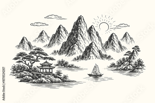 Traditional Chinese mountain and lake scenery with boat and pavilion, serene hand drawn ink style vector landscape illustration