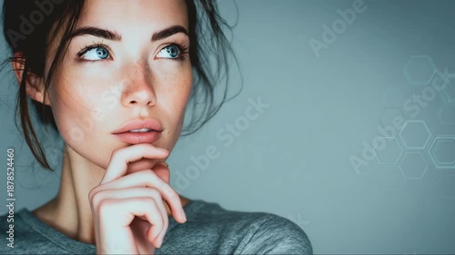 Thoughtful young woman portrait hand to chin soft studio lighting