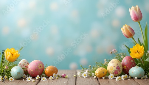 Easter Holiday Background with Easter Eggs and Tulip Flowers on Rustic Wooden Table Spring Celebration