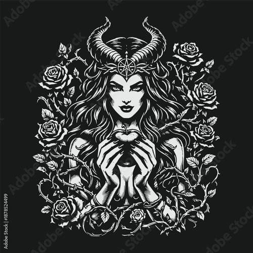 Dark mythology illustration of Lilith holding an apple surrounded by roses, gothic occult fantasy woman in detailed hand drawn vector style