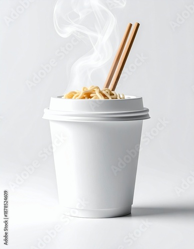 Instant noodle cup mockup with steam and chopsticks
