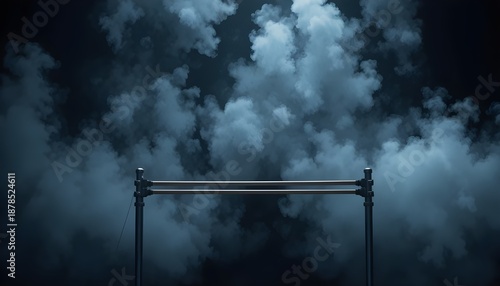 Gymnastic Parallel Bars Isolated on Black Background with Dramatic Fog Creating Powerful Athletic Atmosphere