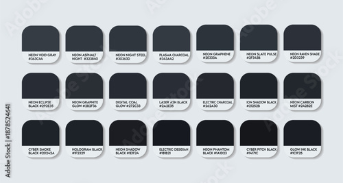 Neon Light Black Color Guide Palette with Color Names. Catalog Samples Neon Black with RGB HEX codes and Names. Neon Black Clothing Colors Palette Vector, Neon Light Black Paint Color Palette