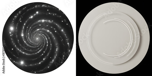 Symmetric Side-by-Side Comparison of a Monochromatic Spiral Galaxy and a Minimalist 3D Concentric Circle Graphic Design