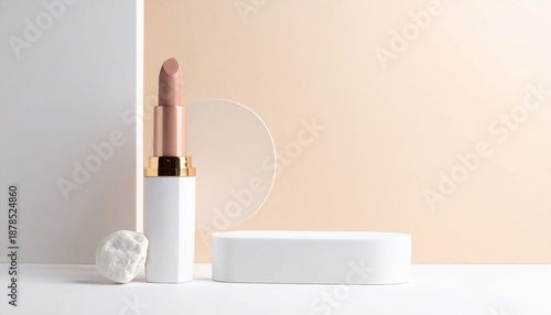 Elegant lipstick on a geometric display, neutral palette, soft lighting, minimalist design