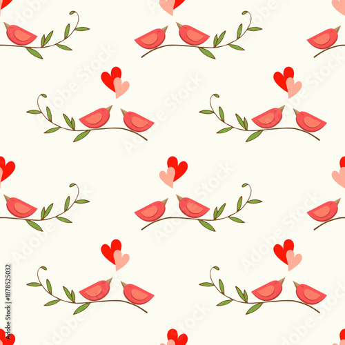 Lovebirds sing serenades of love, birds on branch, and hearts. Romantic pattern.