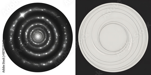 Comparative Visual Art Featuring a Glowing Spiral Star System and a Fine Line Geometric Spiral Pattern