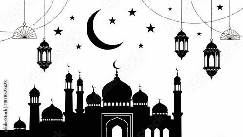 Silhouette mosque illustration with crescent moon and stars, lanterns hanging, night sky, festive atmosphere, religious celebration