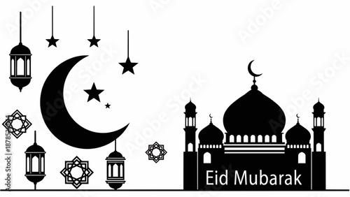 Eid Mubarak celebration vector illustration of mosque with crescent moon and stars hanging lanterns