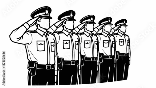 A black and white vector illustration depicts a disciplined formation of law enforcement officers standing in uniform, meticulously rendering a respectful salute