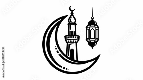 A serene illustration of a mosque and lantern on a crescent moon symbolizing Islamic culture and spirituality in a simple yet elegant design