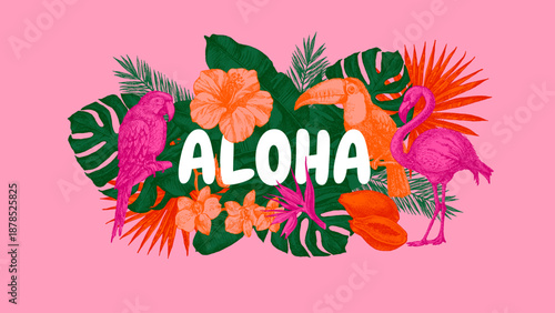 Tropical exotic background. Parrot, tropical leaves, hibiscus, butterflies. Coffee, restaurant, food packaging, event decor concept. Hand drawn retro sketch vector illustration.