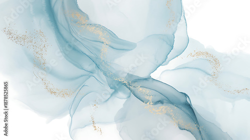 Ethereal Fluid Art in Shades of Teal and Blue with Dynamic Gold Glitter Accents on a Crisp White Surface