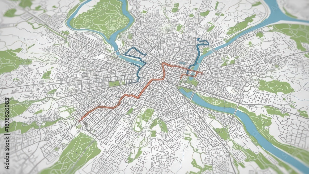 Fototapeta premium Detailed city map showing radial streets, waterways, green spaces, and colored routes