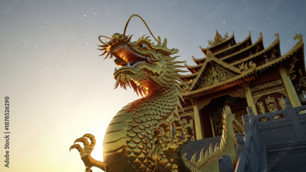 Fototapeta premium Golden Chinese dragon sculpture in front of ornate, traditional pagoda against starry sky