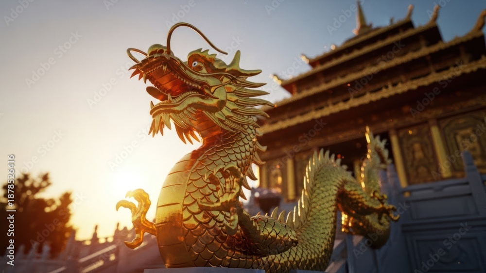 Fototapeta premium Golden dragon statue adorns a temple during sunset, showcasing intricate details