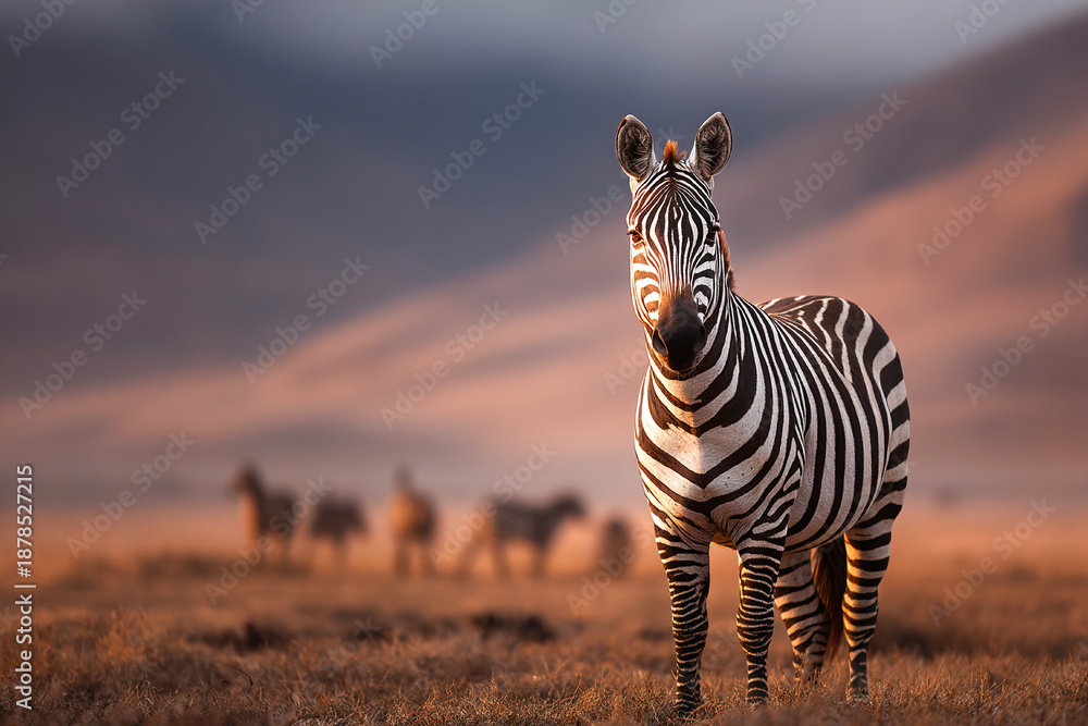 Fototapeta premium Grazing zebras in a golden field with distant herd at sunset Generative AI