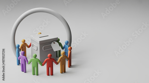 Community donation box circle, teamwork and diversity for charity fundraising, 3D minimal scene with copy space
