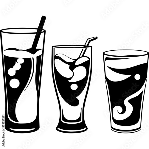 Glass of juice and lemonade with ice and straw refreshing summer drinks illustration