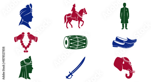 Indian Groom Flat Icon Vector Collection. Colorful Silhouette of Hindu Wedding Essentials. Sherwani, Turban, Sword, and Elephant. Traditional Marriage Symbols Illustration.