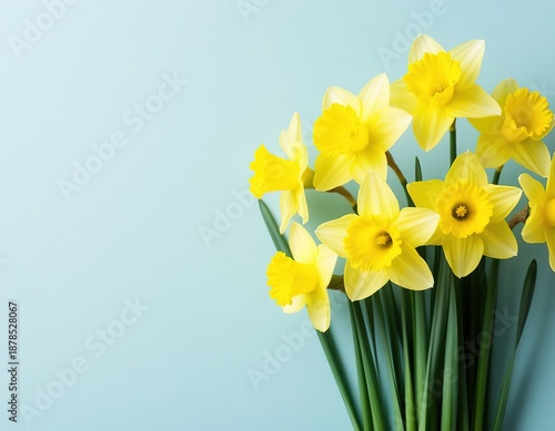 Yellow daffodils on a blue background. Spring floral background with space for text. Template for an Easter card or banner