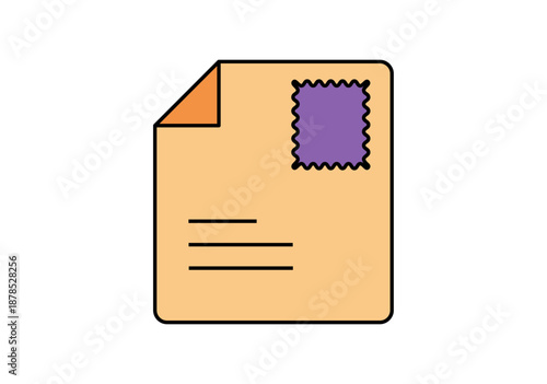 Icono de documento de papel con sello morado y esquina doblada