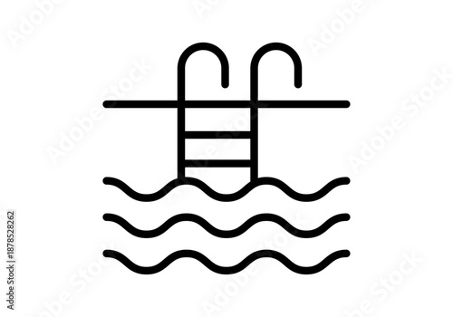 Icono de escalera de piscina con olas de agua en estilo lineal negro
