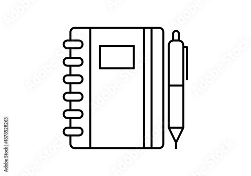 Icono de cuaderno de espiral cerrado o agenda  con un bolígrafo al lado