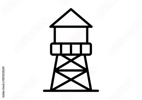 Icono de torre de agua con depósito y estructura de soporte en estilo lineal negro