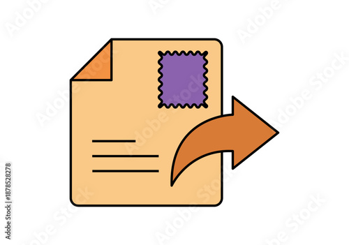 Icono de documento de papel con sello morado y flecha curvada de envío