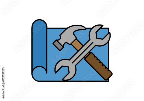 Herramientas de construcción con martillo y llave cruzados sobre plano azul de reforma