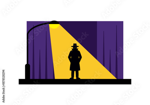 Silueta de hombre misterioso con sombrero bajo la luz de una farola sobre fondo morado