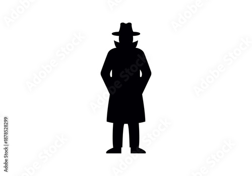 Silueta negra de detective misterioso con sombrero y gabardina 